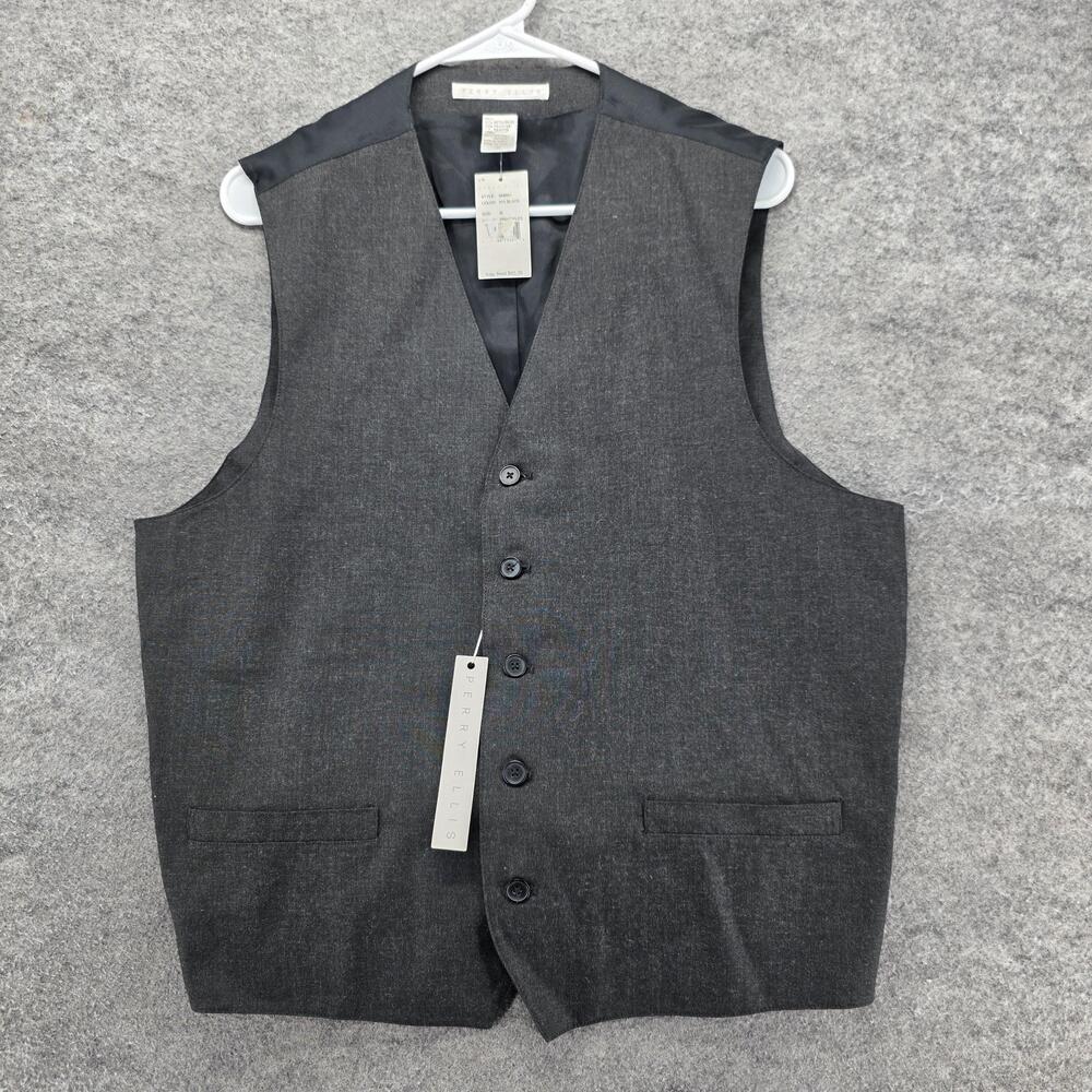 Perry Ellis Suit Vest Mens M Black Tweed Slim Fit Acetate Polyester Belted